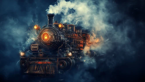 Volumetric steam locomotive rendered in cinematic digital chiaroscuro.