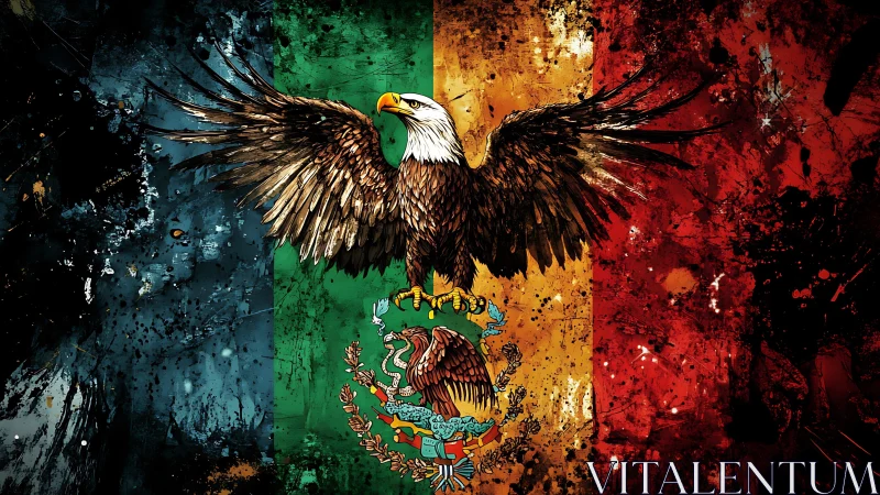Grunge-rendered Mexican eagle emblem across tricolor field