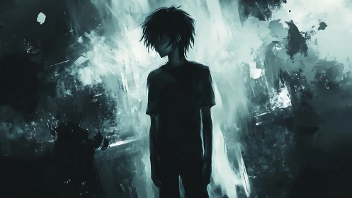 Solitary silhouetted figure in dark abstract space.