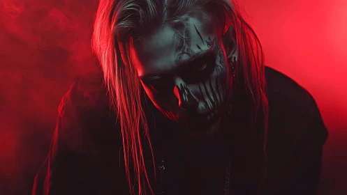 Brooding skull makeup portrait in crimson neon haze.