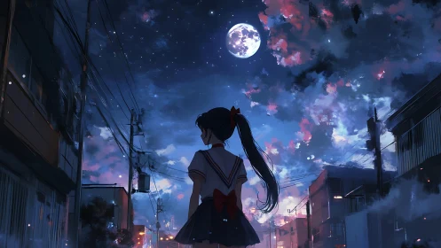 Anime night street scene under luminous moonlit sky.