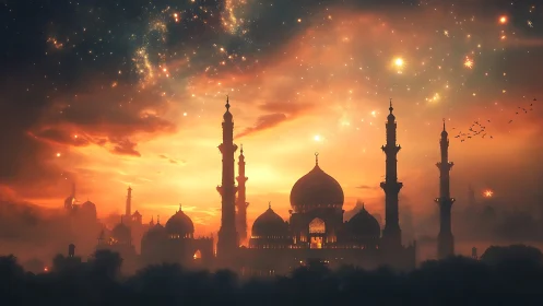 Mystic desert palace glows beneath star‑filled dusk sky