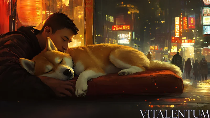 City lights and quiet dreams shared with a loyal dog.