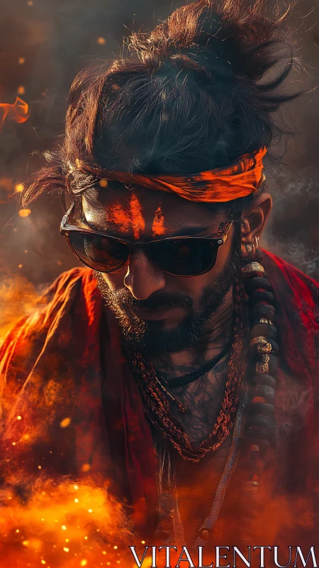 Portrait shows man in orange garments amid controlled fire glow