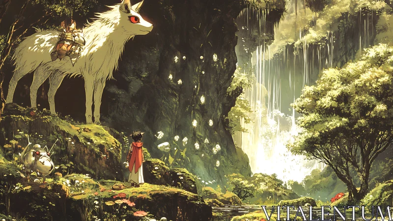 Forest scene with white creature, child figure and waterfall.