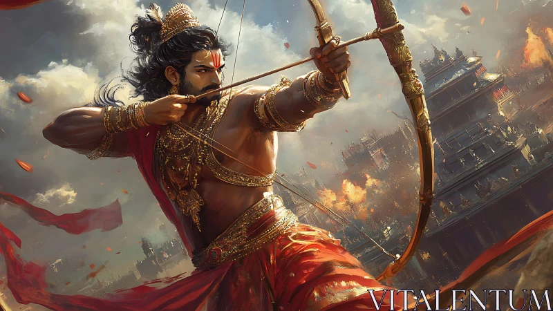 Warrior archer draws composite bow amid burning temple cityscape