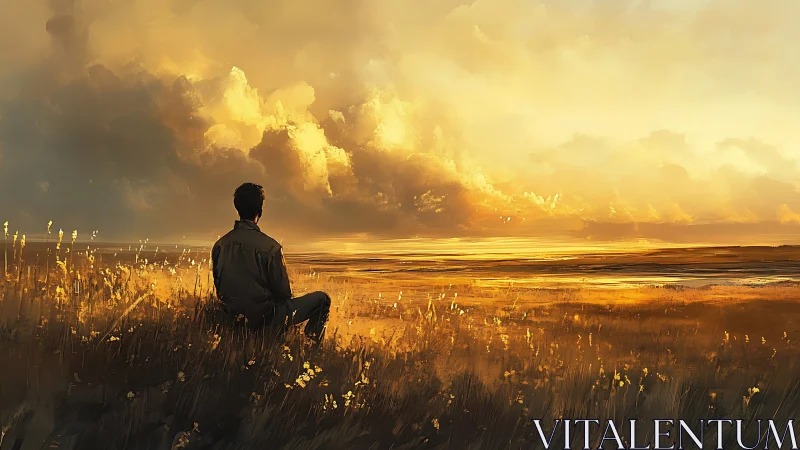 Solitary figure observing expansive golden field at sunset.