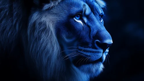 Bioluminescent blue lion rendered in high-contrast profile study