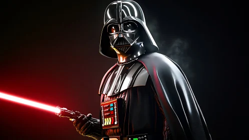 Dark armored figure with glowing red sci-fi lightsaber.