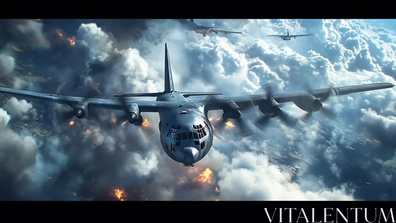 Heavy bomber squadron cuts through stormy battle clouds