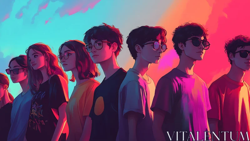 Group of teens in stylized neon sunset lighting lineup.