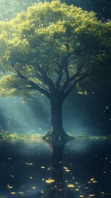 Luminous forest guardian tree mirrored on midnight water.