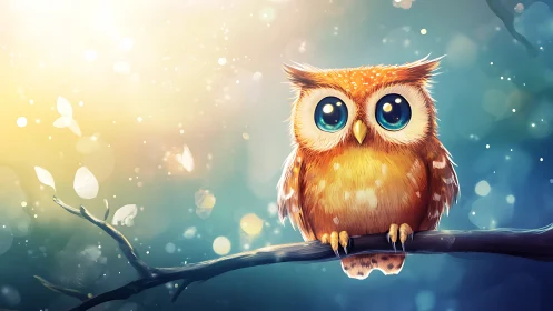 Cute big-eyed owl on branch in dreamy digital art scene.