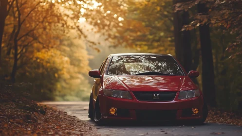 Lowered red Honda sedan parked on forest road under warm bokeh light