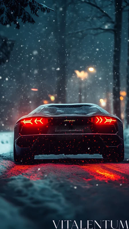 Snowy night supercar glows warmly against the winter road