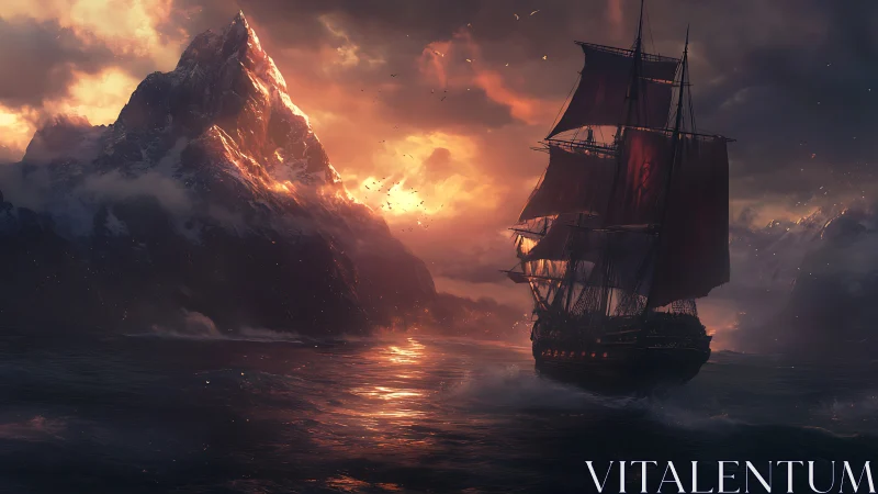 Digital painting seascape with tall ship and volcanic peak at dusk.