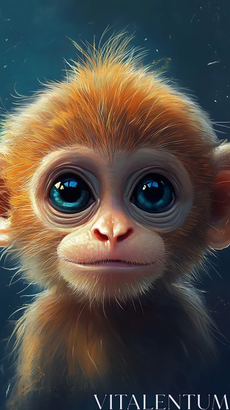 Digital portrait of wide-eyed baby monkey in close-up.