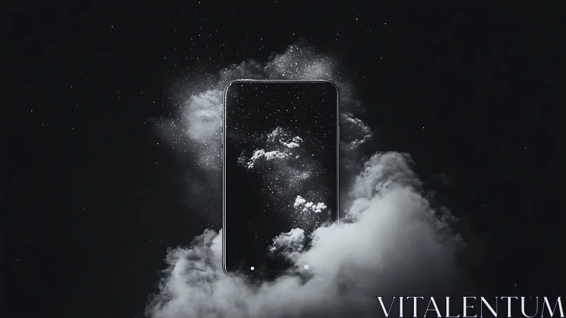 Bezel-less smartphone floating in volumetric cloud nebula field
