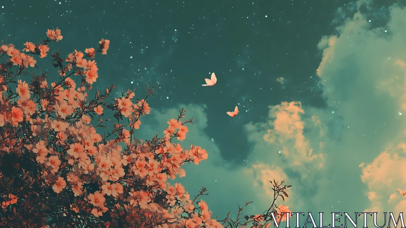 Coral blossoms rise toward teal night sky and drifting stars.