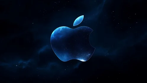 Apple-shaped cosmic nebula glows in deep blue space.