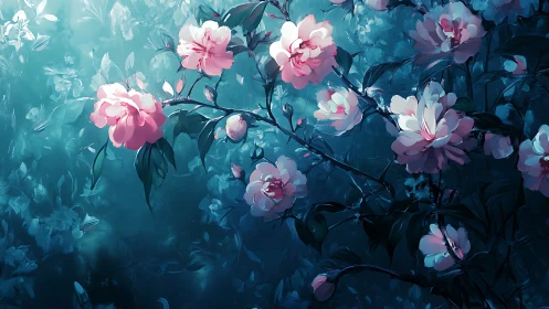 Pink Peonies Against Twilight Atmosphere.