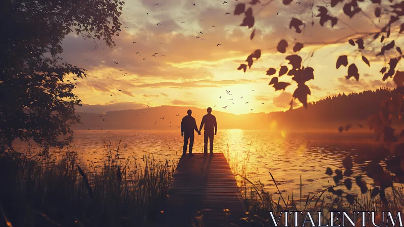 Silhouetted couple on lakeside pier at radiant golden sunset.