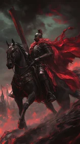 Crimson-clad dark knight charging through volcanic ruin.
