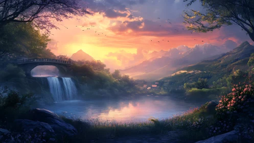 Luminous mountain valley with stone bridge and waterfall at dusk.
