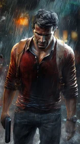 Weathered adventurer standing strong in a stormy night.