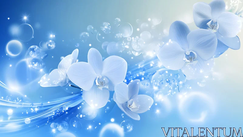 White Orchids with Blue Light and Bubble Effects.