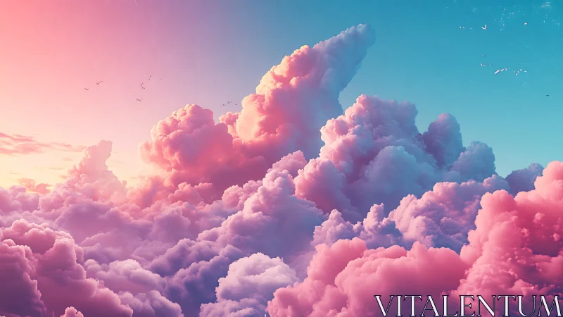 Digital painting of luminous cotton-candy cumulonimbus clouds.