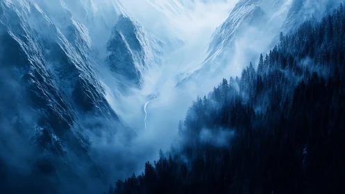 Whispering blue mountains wrapped in winter forest mist.