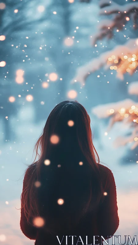 Backlit figure in snowy forest with bokeh light accents