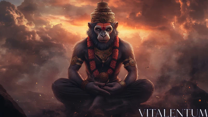 Divine monkey warrior meditates within burning storm clouds