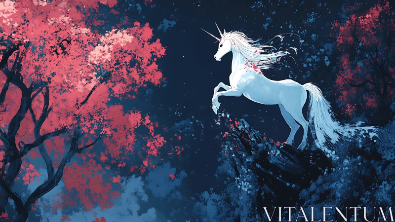 Luminous unicorn leaps above a twilight forest of red bloom