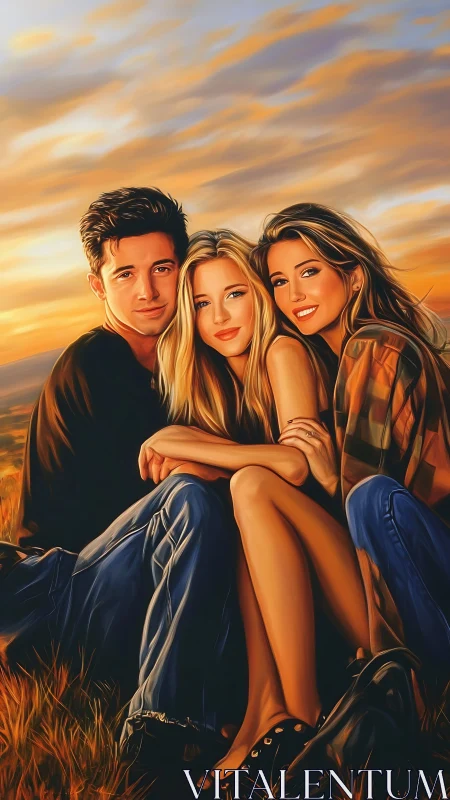 Three young adults seated outdoors at sunset on grass.