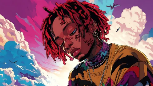 Dreamy red‑haired rapper under neon sunset clouds.