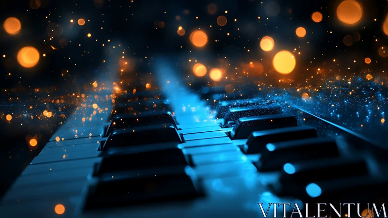Glowing piano keys under blue light and floating sparks.