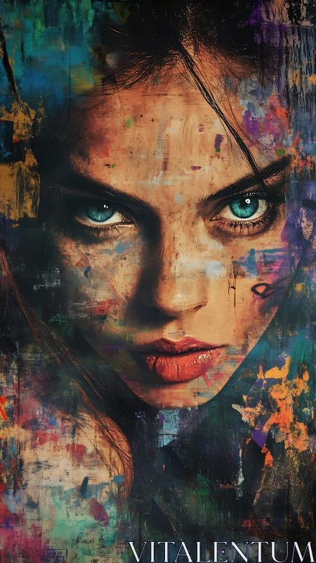 Female face portrait integrated with abstract color layers.