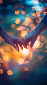Luminous Connection: Hands Converge in Bokeh Brilliance.