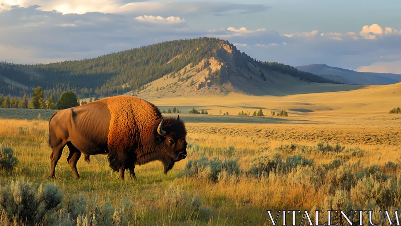 Gentle bison roaming sunlit prairie beneath quiet hills.