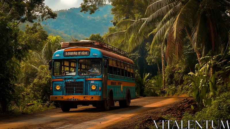 Old blue bus moves along a rural dirt road in forest