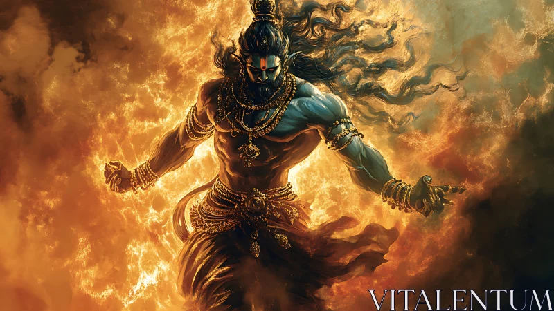 Blue-skinned warrior figure stands amid intense surrounding fire