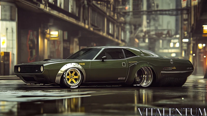 Widebody muscle car prowls a neon-soaked cyberpunk alleyway.