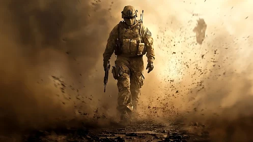 Armored infantry operator advances through high-energy dust blast field
