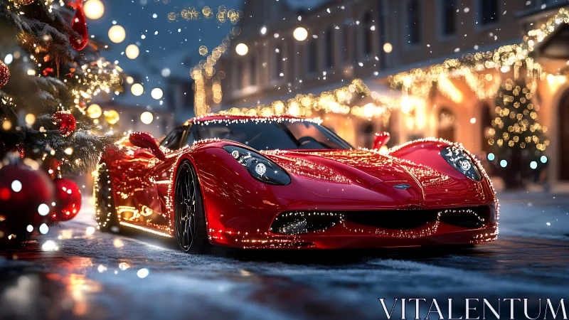 Red supercar sparkles under festive Christmas street lights.