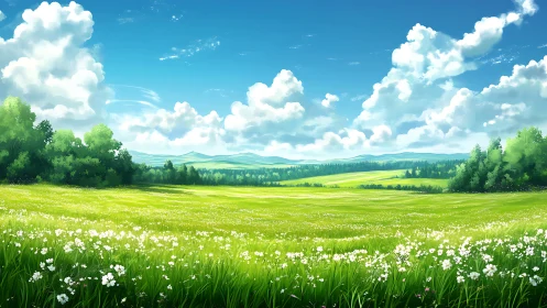 Summer meadow hums quietly beneath storybook clouds