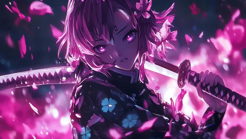 Anime swordswoman amid glowing pink petals at night.