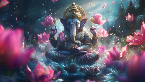 Elephant-headed deity rendered in high-detail 3D among luminous lotus blooms