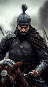 Armored medieval cavalry commander charging through embers